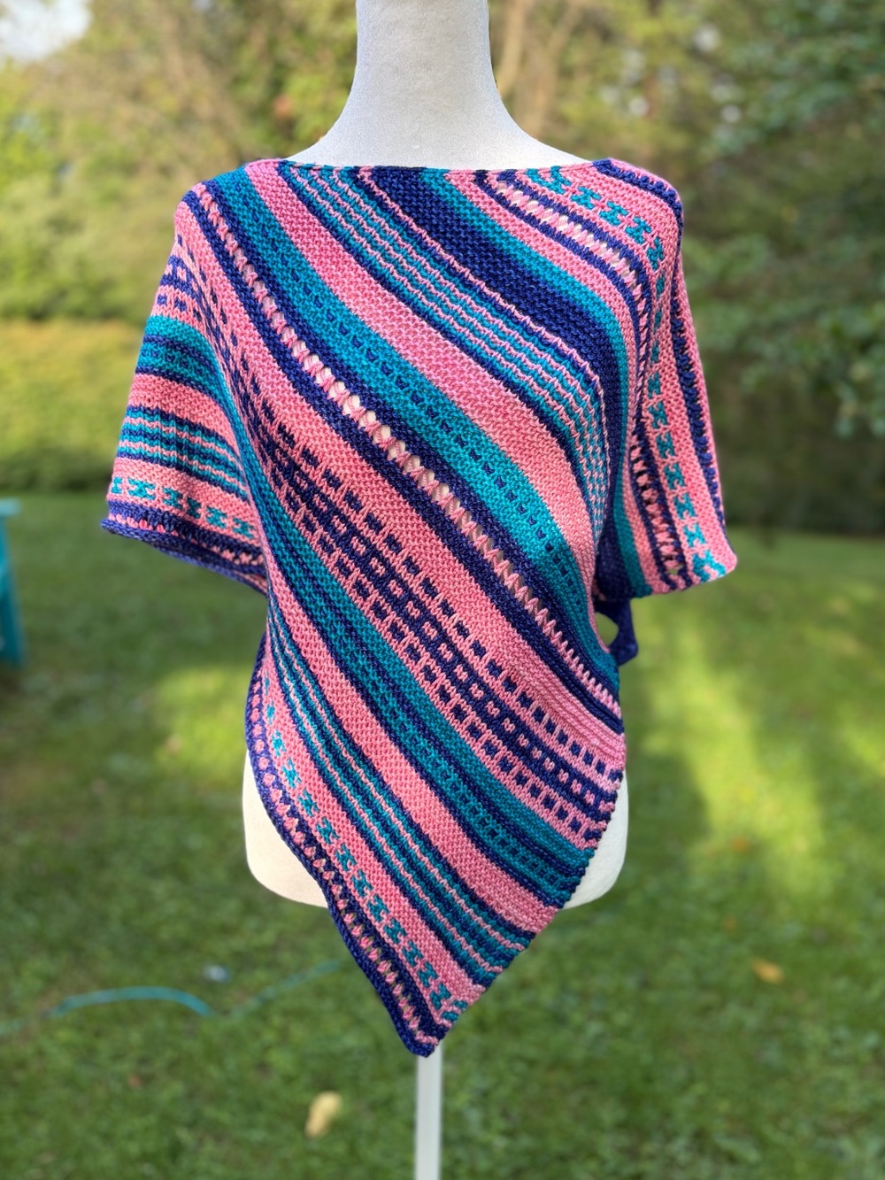 Gorgeous OOAK Hand Knit Cashmere & Merino Blue Pink Shawl Wrap Unique Shape